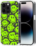 MOSNOVO Case for iPhone 14 Pro Max, [Buffertech 6.6ft Military-Grade Drop Protection] [Anti Peel Off Tech] Clear TPU Bumper Phone Case Cover Design - Distorted Green Smiles Face