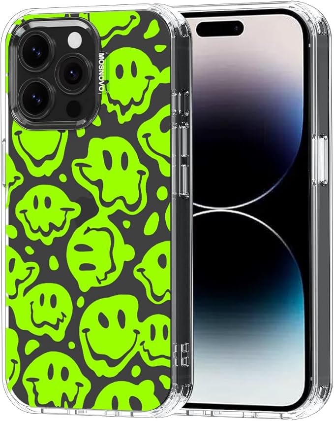 MOSNOVO Case for iPhone 14 Pro Max, [Buffertech 6.6ft Military-Grade Drop Protection] [Anti Peel Off Tech] Clear TPU Bumper Phone Case Cover Design - Distorted Green Smiles Face