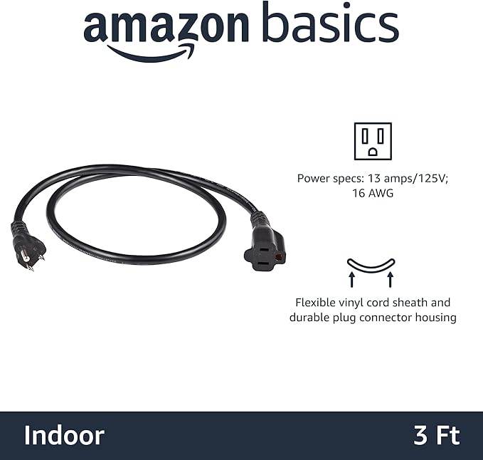 Amazon Basics Extension Cord, 3 Prong Outlet Extender, Indoor Power Extension Cable, 13 Amps, 125V, 3 Ft, Black