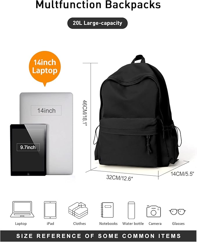 BJLFS Black School Backpack for Girls Women, Waterproof High School Book Bag Cute Backpack for Men Teens Boys, Small Lightweight Simple Basic Middle School Back Pack Daypack Mochilas Escolares para