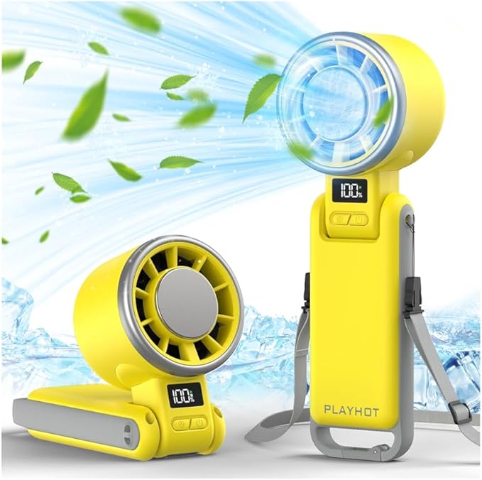 PlayHot Portable Handheld Turbo Fan with Ice Cooling, Rechargeable Personal Fan, Up tp 12Hrs Cooling, 5 Speed 25550RPM Powerful Portable Fan for Travel, Outdoor, Camping, Hiking (Yellow)