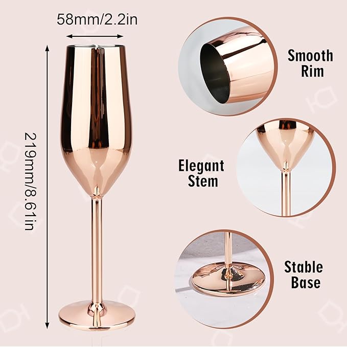 TJ Unbreakable 8 Oz Stainless Steel Champagne Flutes (4 Pack)- Rose Champagne Glasses - Reusable Indoor Outdoor Drinkware - Keeps Drink Cool for Longer - Gift Idea