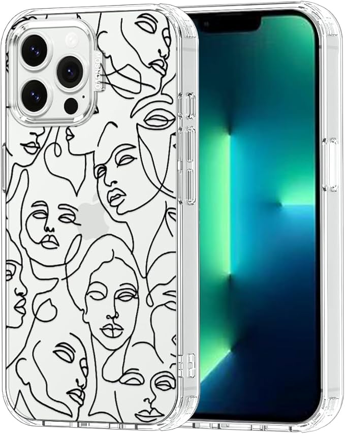 MOSNOVO Case for iPhone 13 Pro Max, [Buffertech 6.6ft Military-Grade Drop Protection] [Anti Peel Off Tech] Clear TPU Bumper Phone Case Cover Design - Abstract Face Line Art