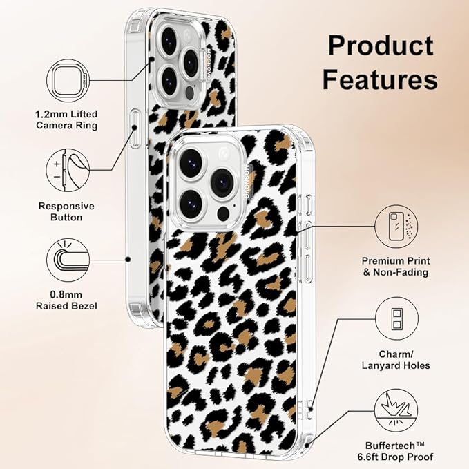 MOSNOVO Case for iPhone 14 Pro, [Buffertech 6.6ft Military-Grade Drop Protection] [Anti Peel Off Tech] Clear TPU Bumper Phone Case Cover Design - Leopard Print