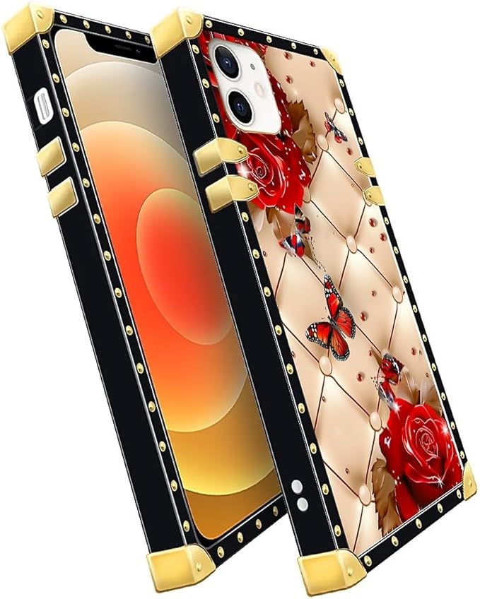 Compatible with iPhone 11 Case, Shining Red Rose Butterfly Leather Background Luxury Golden Decoration for Girl Women Soft TPU Shockproof Protective Hard PC Back for iPhone 11