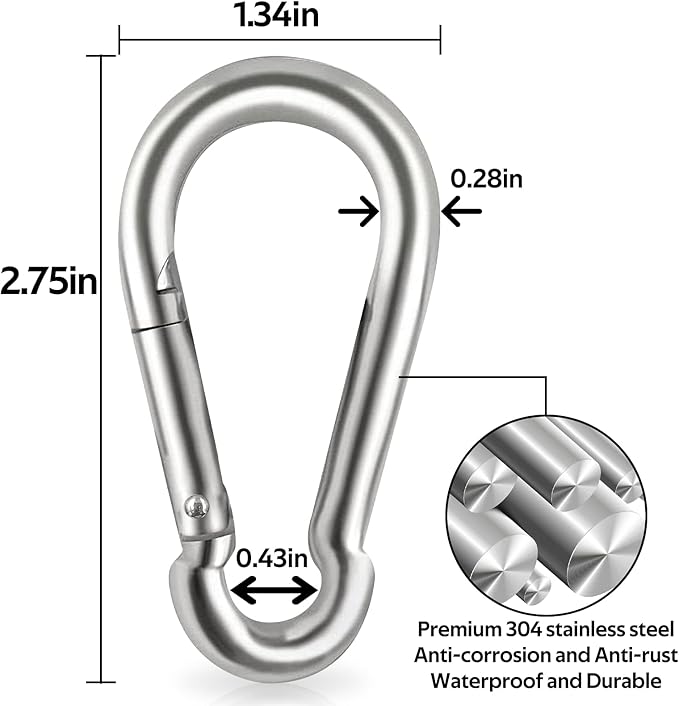 Locking Carabiner Clips, Stainless Steel Spring Snap Hook Locking Carabiner Heavy Duty - 304 Premium Stainless Steel Thumb Screw Carabiner Clip
