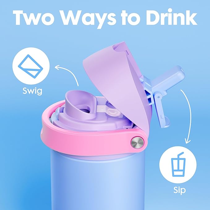 18 oz Insulated Water Bottle for Sports: Meoky Kids Water Bottle with 2-in-1 Straw and Spout Lid - Leak Proof, Cold for 24 Hours, Fits in Car Cup Holder for Girls School Travel, Hydrangea
