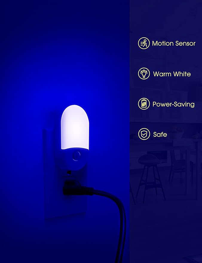 Blue Night Light Plug in, LOHAS Motion Sensor Blue LED Night Lights Plug Into Wall, Adjustable Brightness, 0.6W LED Night Lights for Kids, Bathroom, Bedroom, Independence Day Decorations, 2 Pack