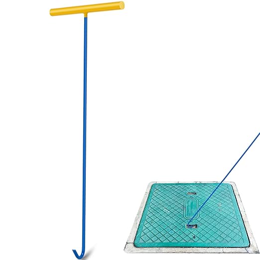 Barydat 1 Pcs Heavy Duty Manhole Cover Hook 30 Inch Handy Hook Lifting Tool, End Made with 3/8" Steel, Septic Tank Locator Tool with Handle Attic Pull Down for Moving Lifting and Pulling (Blue)