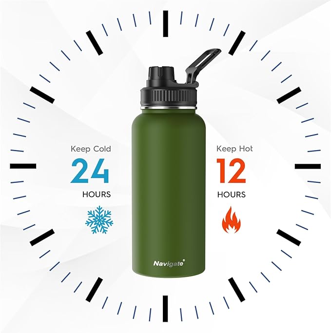 Navigate 32 oz Insulated Stainless Steel Sports Water Bottle with Spout & Handle Lids,Wide Mouth Water Jug with Double Walled Leak Proof Keep Cold for 24 Hrs Hot for 12 Hrs,Dark Green