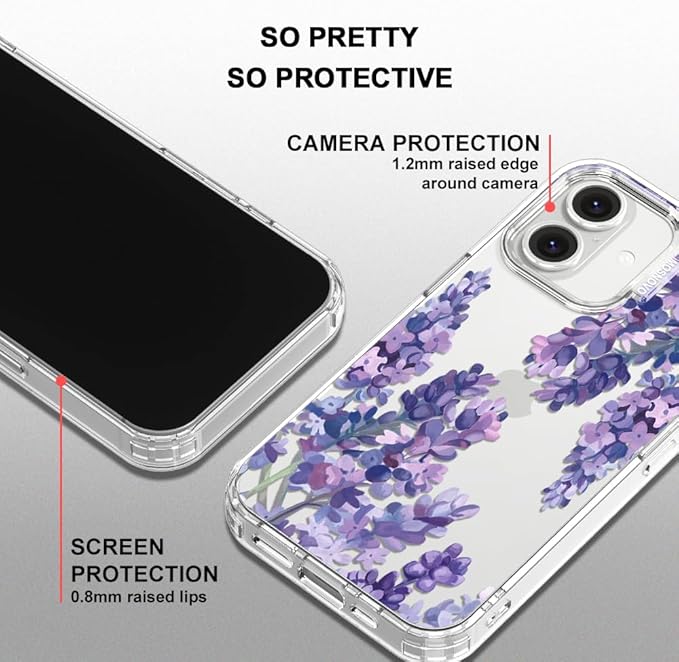 MOSNOVO Case for iPhone 16, [Buffertech 6.6ft Military-Grade Drop Protection] [Anti Peel Off Tech] Clear TPU Bumper Phone Case Cover Design - Lavender