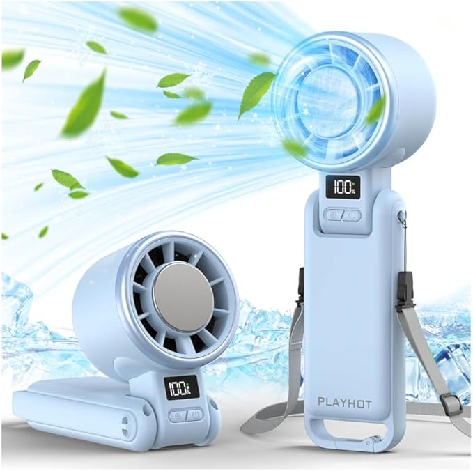 PlayHot Upgraded Portable Handheld Fan with 60°F Ice Cooling, Up tp 12Hrs Personal Fans Portable Rechargeable, 5 Speed 25550RPM Powerful Portables Fan Handheld, Hand/Neck/Desk Fan 3 IN 1(Blue)