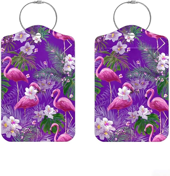 2 Pack Flamingo Luggage Tag 2.83 x 4.53 inch Tropical Pink Bird Purple Background Suitcase ID Label Decorative Travel Accessories Stylish Bag Tag for Women Men