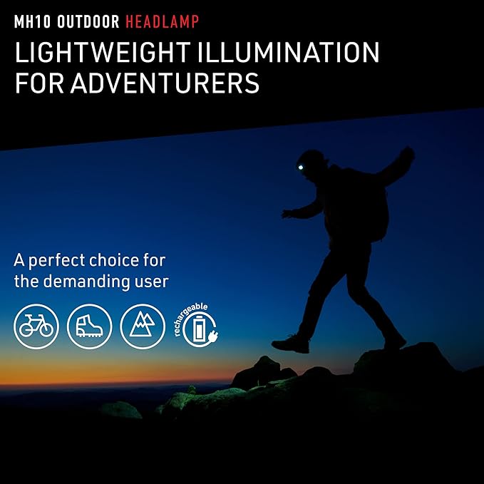 Ledlenser MH10 Rechargeable Headlamp - Black, 600 lm - 158 g Lightweight Design & Bright LED Headlight - 120-Hour Runtime & Work Headlamp - Hard Hat Light with Red Rear Light