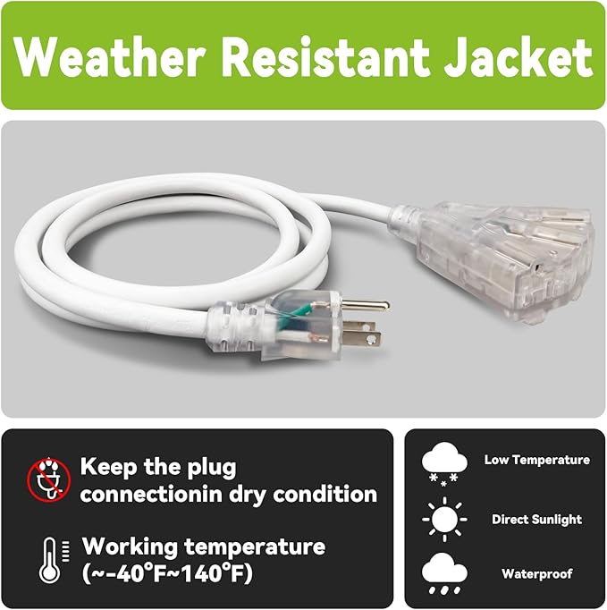 EP 15FT 12 Gauge Heavy Duty Extension Cord, 15A 125V 1875W, 3 Outlet Indoor/Outdoor Power Cord with Lighted End, 12/3 SJTW Weatherproof White, ETL Listed