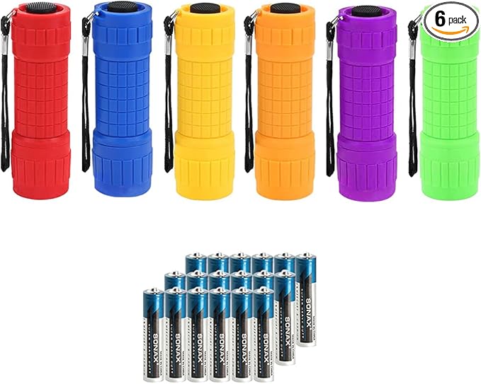 Whaply Small Mini Flashlights Pack of 6,Assorted Colors,New Type Cob Light,with 18 AAA Battery (6 Pack)