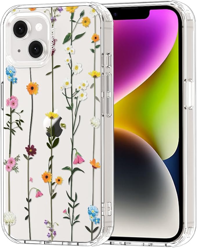 MOSNOVO for iPhone 13/14 Case | Military Grade 6.6ft Drop Tested | Clear with Wildflowers Design