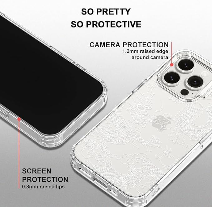MOSNOVO Case for iPhone 15 Pro, [Buffertech 6.6ft Military-Grade Drop Protection] [Anti Peel Off Tech] Clear TPU Bumper Phone Case Cover Design - White Dragon