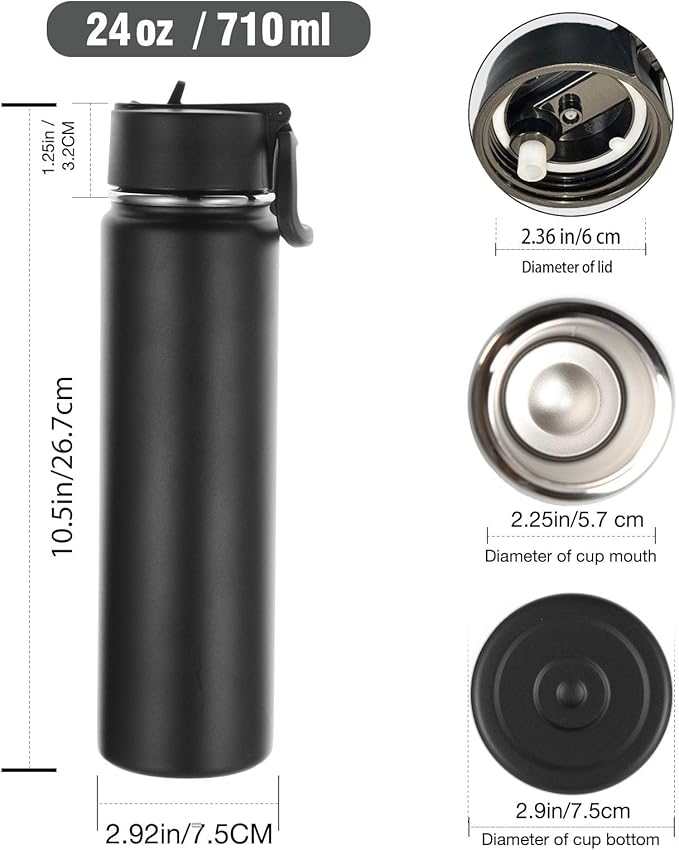 Volhoply 24oz Insulated Water Bottle With Straw Bulk 6 Pack,Metal Wide Mouth Water Bottles With Handle Lid Keep Cold,Reusable Double Wall Cups,Powder Coated Sport Bottle For Holder(Black,6 Count)