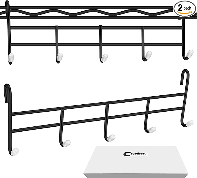 CroBlissful 2 Pcs 5 Hook Attachment for Wire Shelving 1.5 x 12 x 4 Inch Hanging Hooks Rack Wire Chrome Plated Steel Shelf Accessories Metal Hook Bars for Storage Display Organizer (Black)