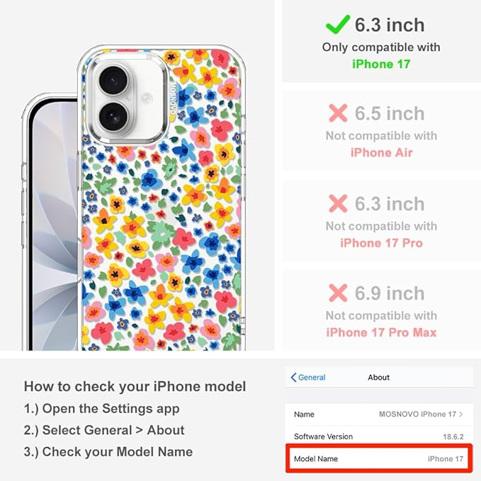 MOSNOVO for iPhone 17 Case | Military Grade 6.6ft Drop Tested | Camera Control | Clear with Little Flowers Design