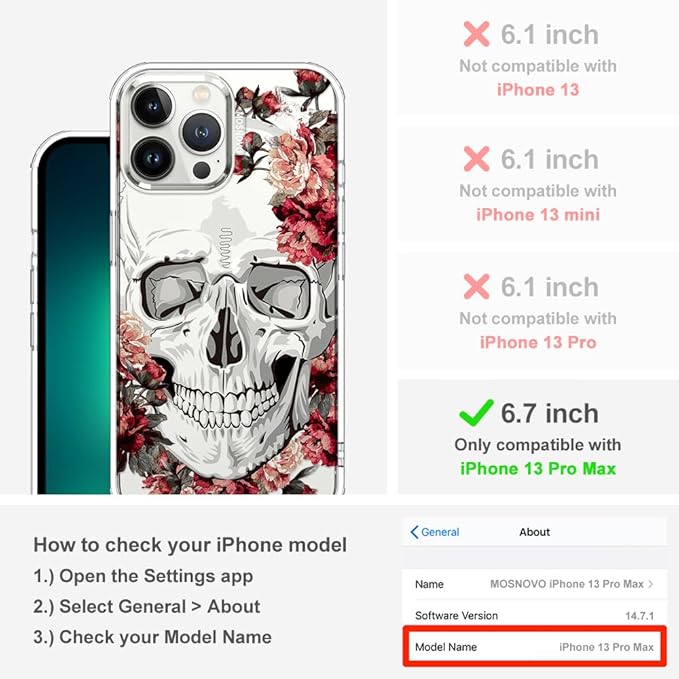 MOSNOVO Case for iPhone 13 Pro Max, [Buffertech 6.6ft Military-Grade Drop Protection] [Anti Peel Off Tech] Clear TPU Bumper Phone Case Cover Design - Red Flower Skull