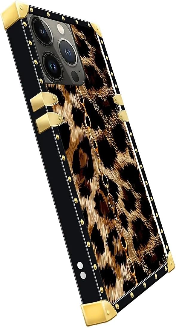 Compatible with iPhone 15 Pro Max Case, Seamless Gold Chain Leopard Luxury Golden Decoration for Girl Women Soft TPU Shockproof Protective Hard PC Back for iPhone 15 Pro Max