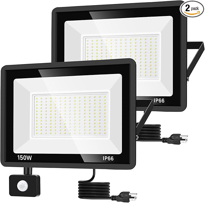 YANYCN 2 Pack 150W LED Motion Sensor Flood Light, 5000K Daylight, IP66 Waterproof, 17000 Lumens, Outdoor Security Dusk to Dawn Light for Garage, Front Porch, Barn