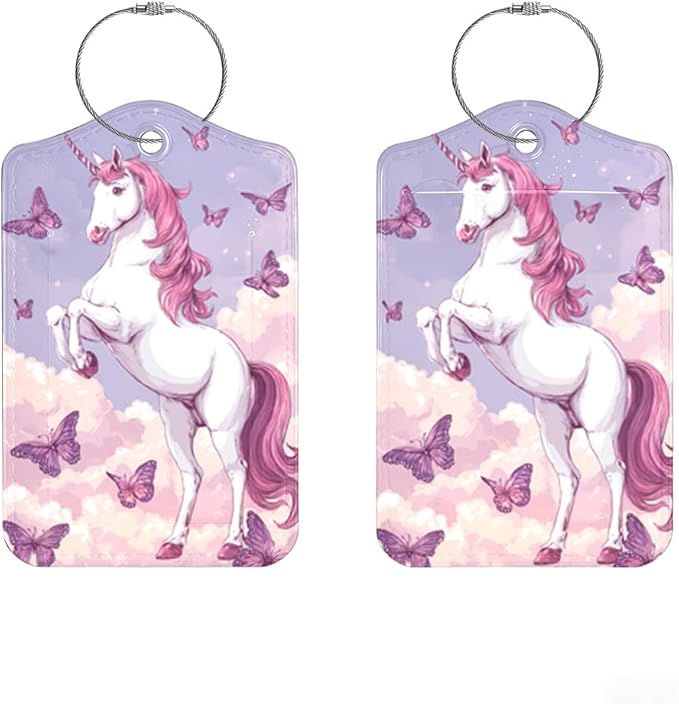 2Pcs Magical Unicorn Luggage Tags for Suitcases, 2.83x4.53 Fantasy ID Labels with Privacy Cover, Aesthetic Butterfly Bag Tags for Backpacks, Girls Graduation Gift Ideas, Set of 2
