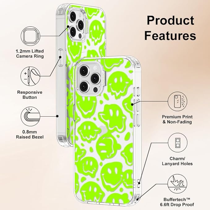 MOSNOVO Case for iPhone 12 & iPhone 12 Pro, [Buffertech 6.6ft Military-Grade Drop Protection] [Anti Peel Off Tech] Clear TPU Bumper Phone Case Cover Design - Distorted Green Smiles Face