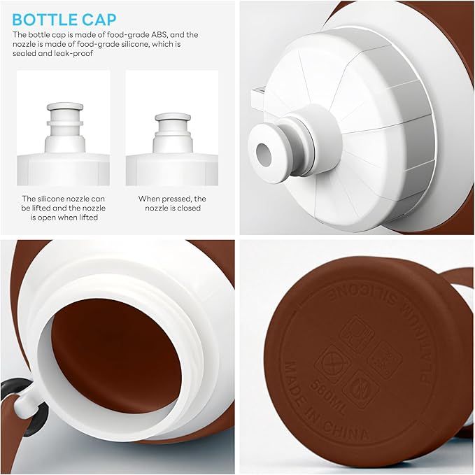 Collapsible Lightweight 20oz Water Bottle, Food-Grade Silicone BPA Free, Foldable Portable Leak Proof Office Travel Cycling Sports Outdoor Water Bottle with Vertical Hook (brown, long nozzle)