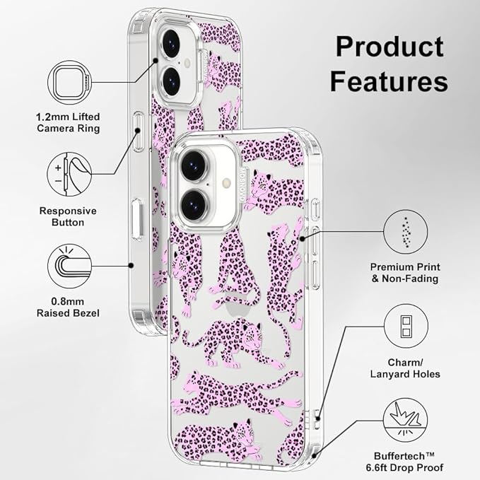 MOSNOVO for iPhone 17 Case | Military Grade 6.6ft Drop Tested | Camera Control | Clear with Pink Leopard Design