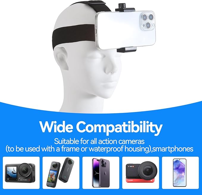 Head-Mounted Mobile Phone Holder,First-Person View Video Outdoor Live Shooting Bracket with Phone Clip(4"-7") for iPhone Samsung Smartphones and GoPro Insta360 Sony DJI Action Camera Head Mount Strap