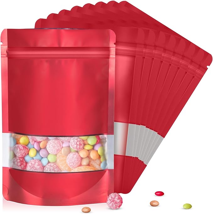 6.3"x9.5" 120pcs Mylar Bags for Food Storage,Smell Proof Bag with Matte Window Resealable Food Storage Bags for Small Business, Stand-up Foil Pouch Packaging Freeze Dried Candy Bag（Red）