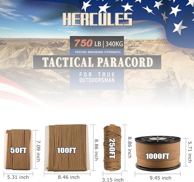 HERCULES 750lb Paracord 4mm 11 Strands Tactical Parachute Cord, 50' 100' 250' 1000' Utility Rope for Camping, Survival, Outdoor Gear (Coyote, 100FT)