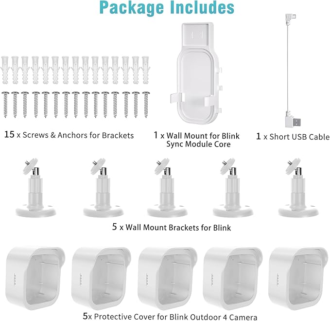 Wall Mount for Blink Outdoor Cameras , 5 Pack Weatherproof Housing, 360 Degrees Adjustable Bracket with Sync Module Core Mount for Blink Outdoor 2K+, 4th & 3rd Gen Cam, White (Camera is Not Included)