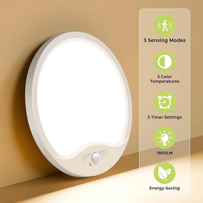 hepside 2 Pack Motion Sensor Ceiling Light Wired, 3000K/4000K/6500K LED Flush Mount Ceiling Light Fixture, 8.7Inch 18W Motion Sensor Light with Timer for Closet Stair Porch Hallway Pantry,White