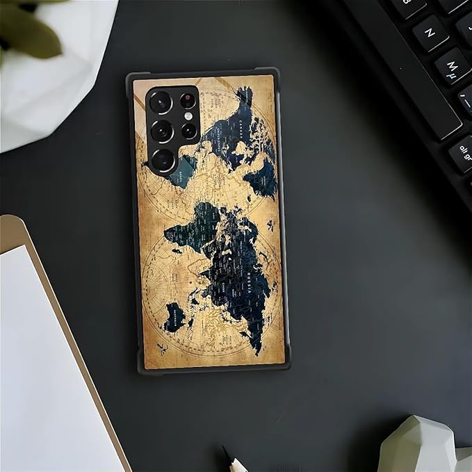for Samsung Galaxy S23 Ultra Case, Brown World Map Pattern Graphic Design Girl Boy Soft Silicone Hard Acrylic Shock Protection for Samsung Galaxy S23 Ultra