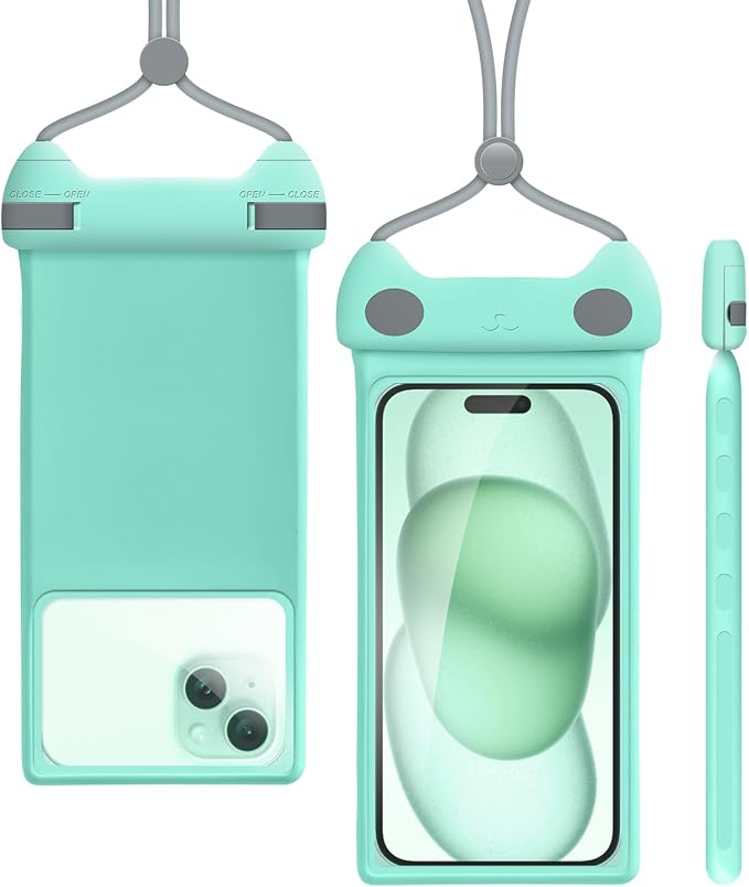wellhouse Waterproof Phone Pouch, Waterproof Phone Case for iPhone 17 16 15 14 Pro Max XS Samsung, IPX8 3D Cellphone Dry Bag Beach Essentials -Kitten Crystal Mint