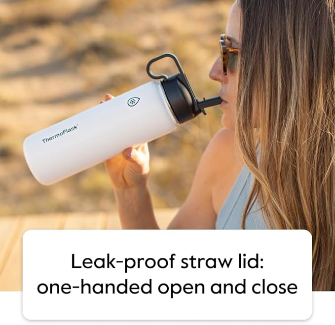 ThermoFlask 40 oz Double Wall Vacuum Insulated Stainless Steel Water Bottle - Reusable with Leakproof Chug & Straw Lids - Keeps Drinks Cold 24 hr/Hot 12 hr - Easy Maintenance - Gym/On-the-Go, Plum