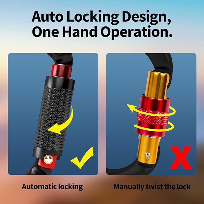 FVW Auto Locking Rock Climbing Carabiner Clips,Professional 25KN (5620 lbs) Heavy Duty Caribeaners for Rappelling Swing Rescue & Gym etc, Large D-Shaped Carabiners