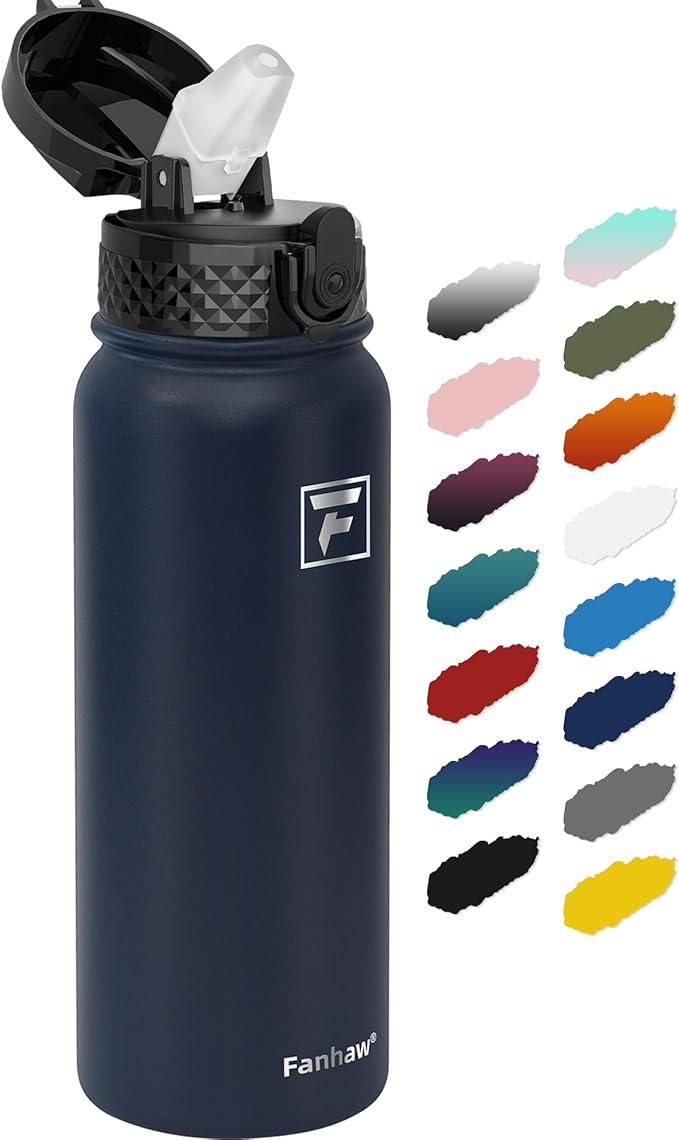 Fanhaw 20 oz Insulated Stainless Steel Water Bottle with Straw Lid, Leakproof & Anti-Dust Sports Bottle for Kids, Women & Men (Navy Blue)