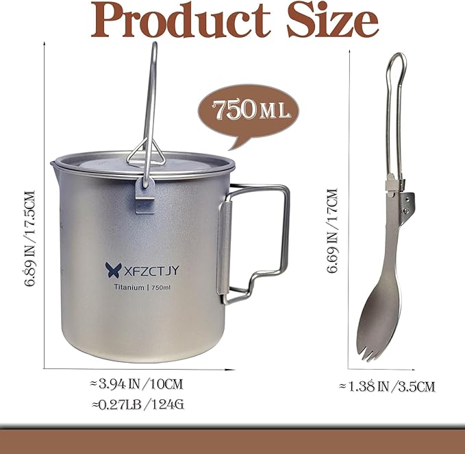 750ml Ultralight Titanium Camping Pot With Lid Spork,With Foldable Handle Detachable Bail For Backpacking, Hiking Mountaineering