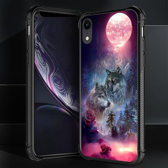 for iPhone XR Case, Star Two Wolfs Howling Pattern Graphic Design Girl Boy Soft Silicone Hard Acrylic Shock Protection for iPhone XR