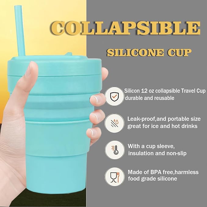 12 oz Collapsible Travel Cup with Lid, Silicone Foldable Drinking Cup for Camping Hiking,Portable Silicone Water Bottle for Hot and Cold Beverages with Straw- Green