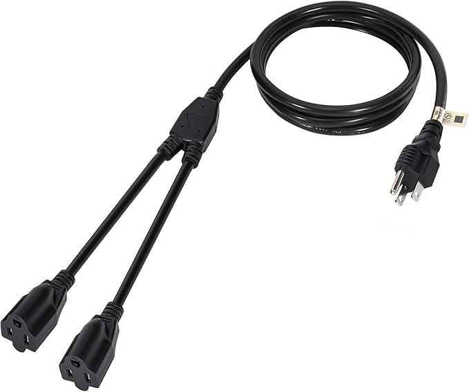2 Way Power Cord Splitter Cable 6 Ft-3 Prong 1 to 2 Extension Cord-Outlet Saver-Elecan Male to Female Y Splitter Power Extension Cable Strip–UL Certified SJTW 16 Gauge 13 A/125 V–Black