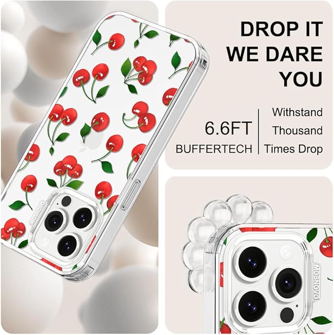 MOSNOVO Case for iPhone 14 Pro Max, [Buffertech 6.6ft Military-Grade Drop Protection] [Anti Peel Off Tech] Clear TPU Bumper Phone Case Cover Design - Cute Cherry