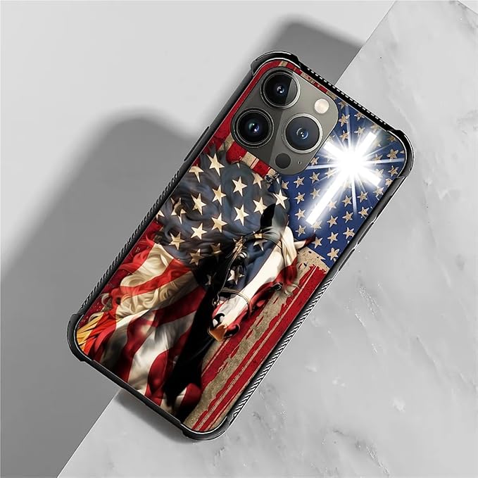 for iPhone 14 Pro Case, Red American Flag Horse Cross Pattern Graphic Design Girl Boy Soft Silicone Hard Acrylic Shock Protection for iPhone 14 Pro