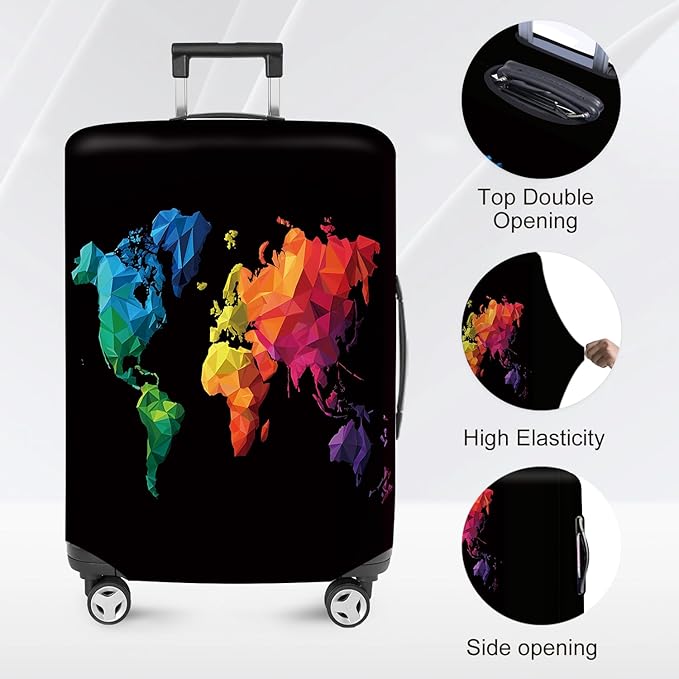 ANNA QUEEN Geometric World Map Travel Luggage Cover -Stretchable Airplane Suitcase Protector Sleeve,Universal Washable Fit for 20-26 Inch Checked Baggage,Water Resistant Durable Luggage Protector