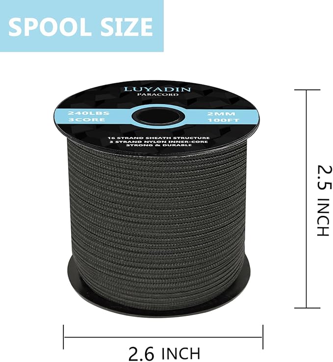 Paracord 240lb - Diameter 2mm Micro Utility Cord -3 Strand Parachute Spool Cord - 100ft 200ft,Paracord for Camping,Hiking,Fishing,Outdoor and DIY